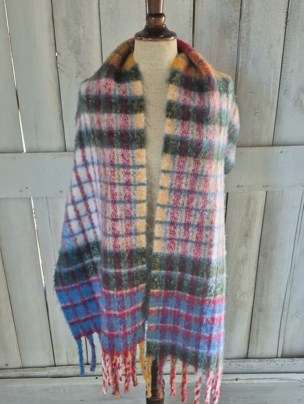 Natural Reflections Multicolor Plaid Fringe Cape with Soft Fuzzy Texture